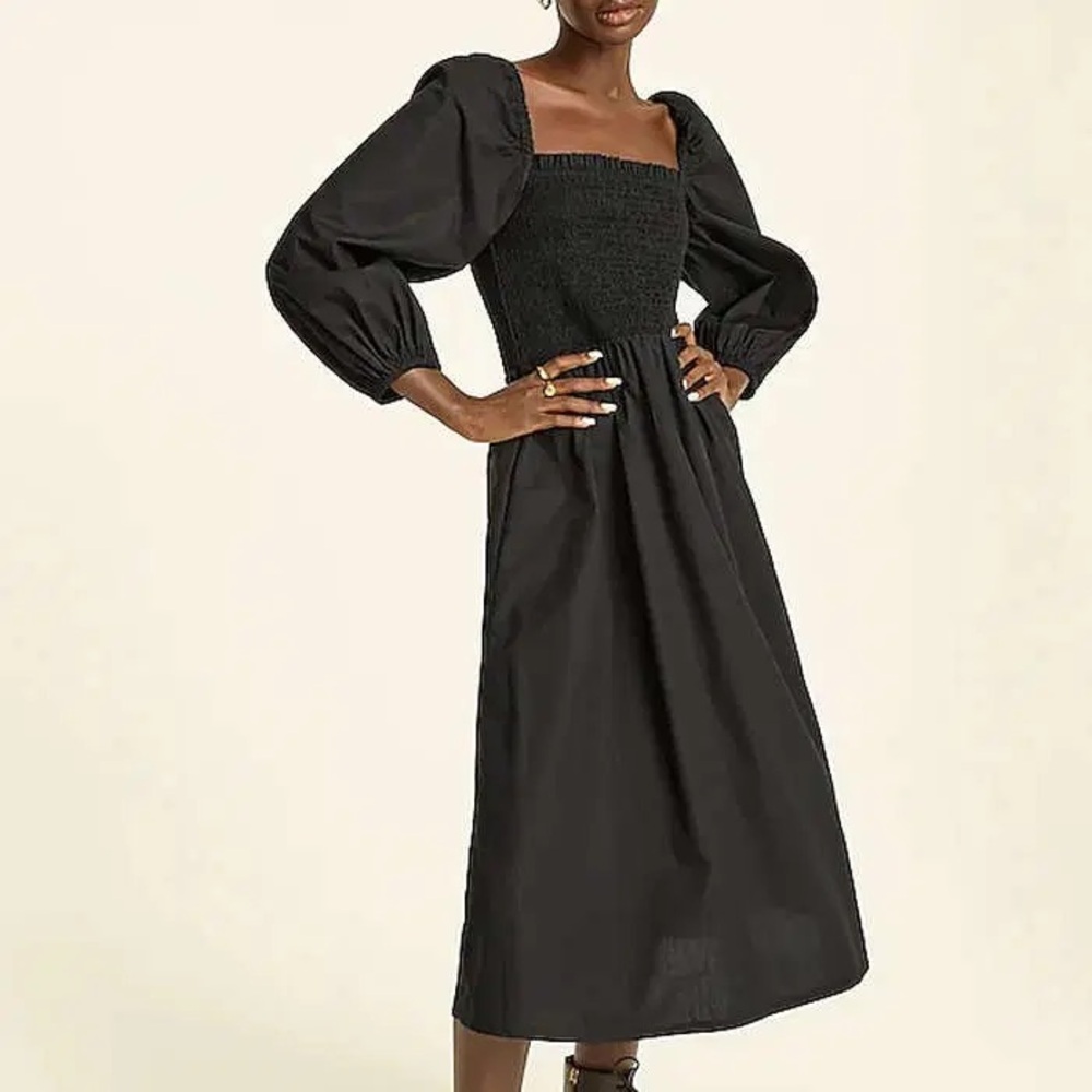 J. CREW Black Smocked Puff-Sleeve Midi Dress